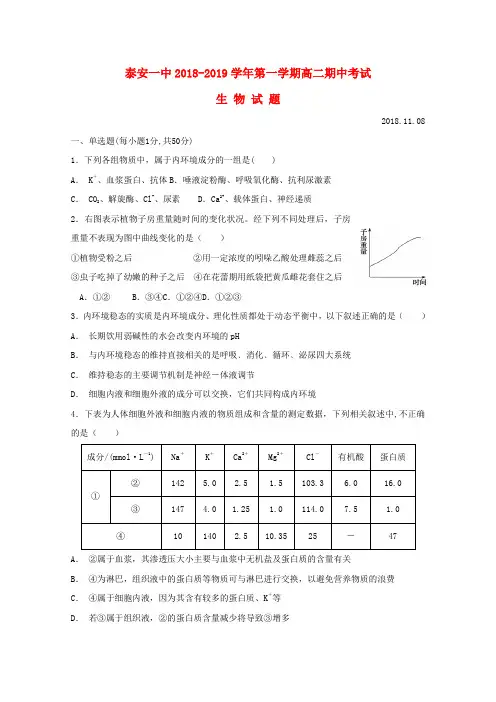 山东省泰安第一中学2018_2019学年高二生物上学期期中试题无答案