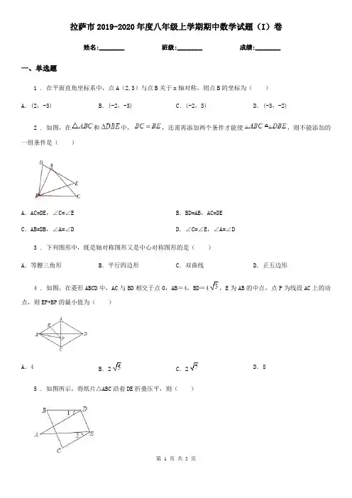 拉萨市2019-2020年度八年级上学期期中数学试题(I)卷