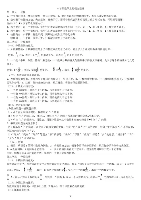 六年级上册数学知识点、概念归纳与整理
