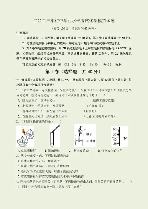 2023年初中学业水平化学模拟试题附答案
