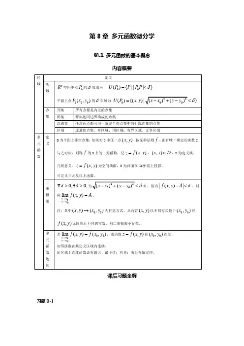 大学高数第八章 多元函数微分学习题解课后参考答案及知识总结