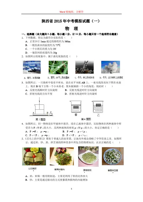 陕西省中考模拟物理试题一(word版含解答)