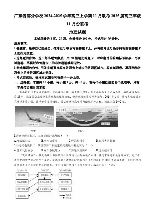广东省部分学校2024-2025学年高三上学期11月联考地理试题(含答案)