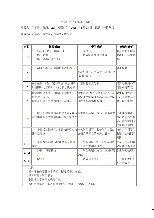 鲁教版九年级化学全册：9.2 金属的性质(观评记录)