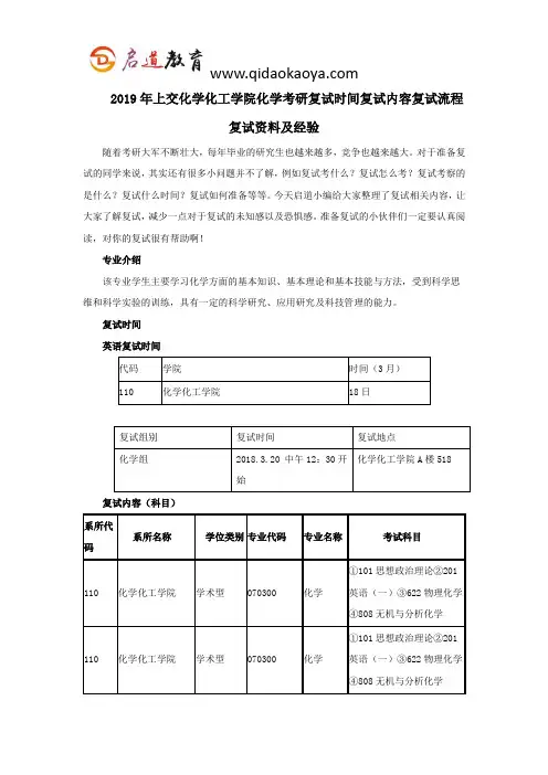 2019年上交化学化工学院化学考研复试时间复试内容复试流程复试资料及经验