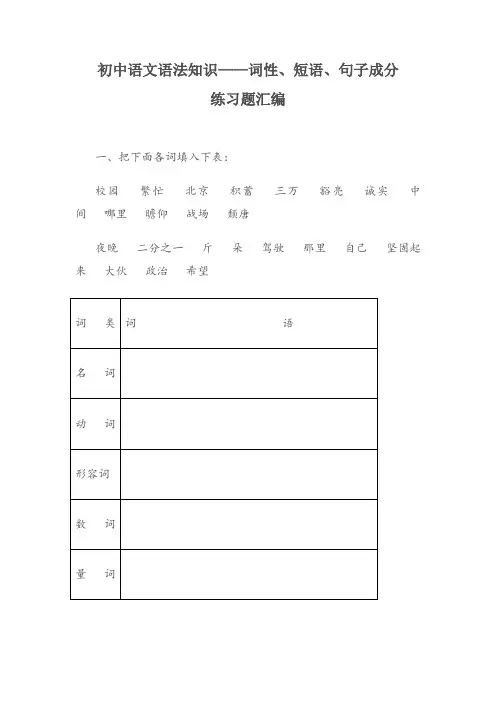 初中语文语法知识——词性、短语、句子成分练习题汇编