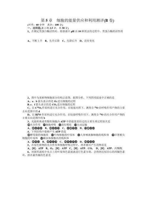 人教课标生物必修1生物人教版一同步训练：第五章细胞的能量供应和利用测评B卷(附答案)
