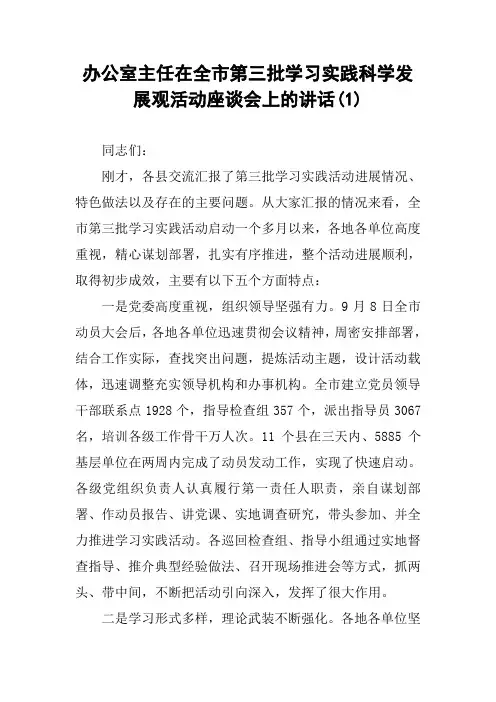 办公室主任在全市第三批学习实践科学发展观活动座谈会上的讲话(1)