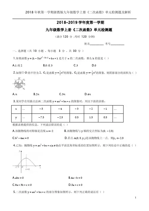 2018年秋第一学期浙教版九年级数学上册《二次函数》单元检测题及解析