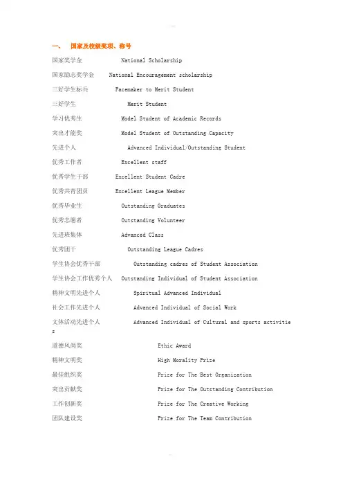 大学各种奖学金、荣誉称号的翻译