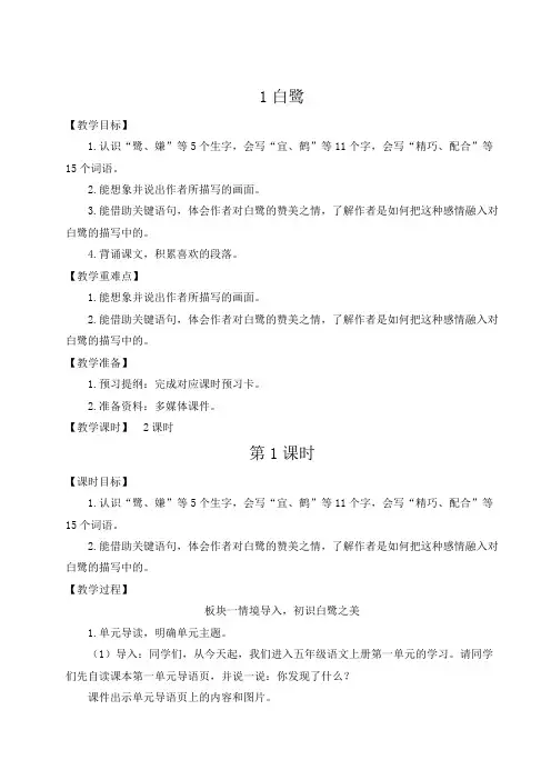 (最新)24年秋统编版五年级语文上册1 白鹭【教案及反思】