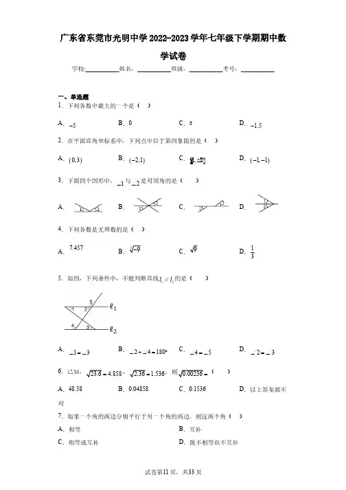 广东省东莞市光明中学2022-2023学年七年级下学期期中数学试卷