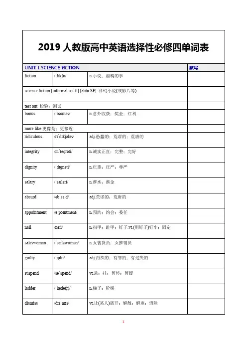 2019人教版高中英语选择性必修四单词表