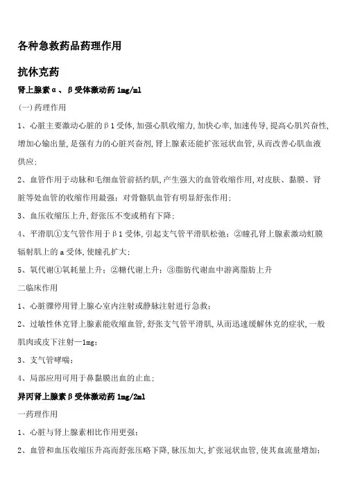 各种急救药品药理作用