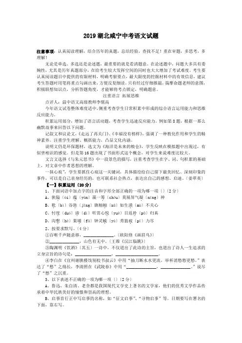 2019湖北咸宁中考语文试题