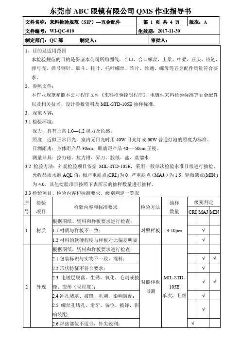 眼镜架作业指导书：10来料检验规范(SIP)—五金配件(4页)