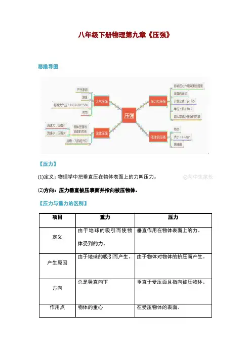 初中八年级下册物理第九章《压强》知识点