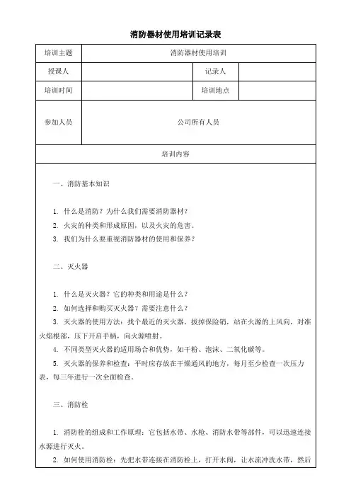 消防器材使用培训记录表模板(可修改) 