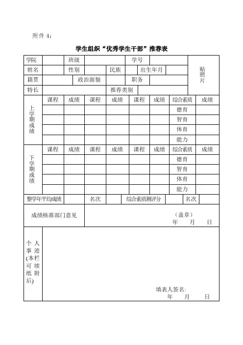 优秀学生干部推荐表