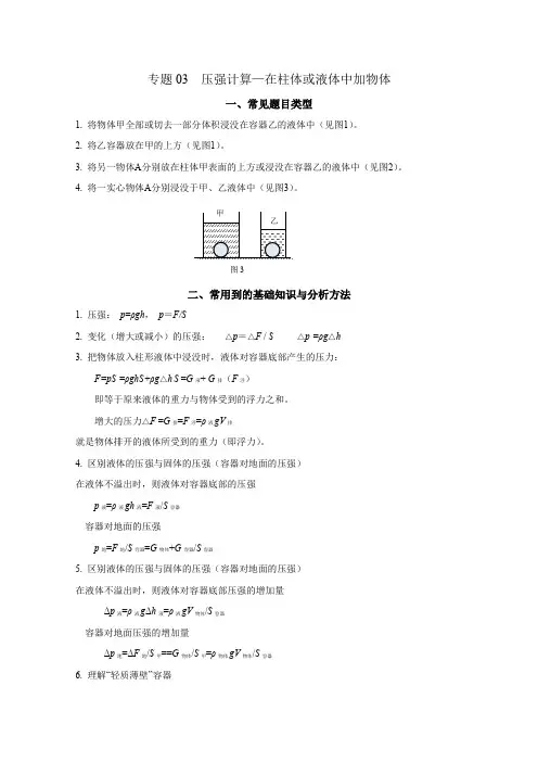 专题03压强计算(在柱体或液体中加物体)-上海市2024年中考复习资料汇编(培优专用)2