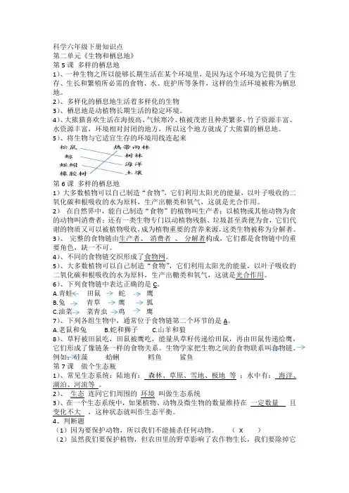2023最新苏教版六年级下册科学六年级下学期科学第二单元《生物和栖息地》知识点
