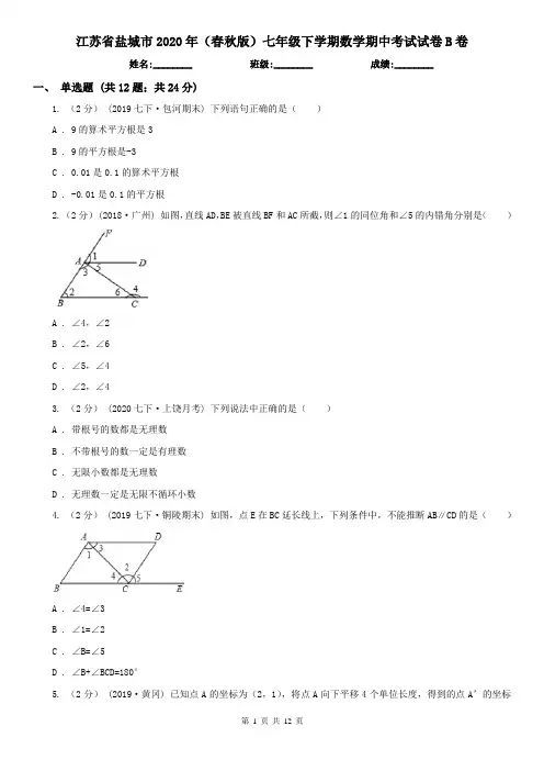 江苏省盐城市2020年(春秋版)七年级下学期数学期中考试试卷B卷