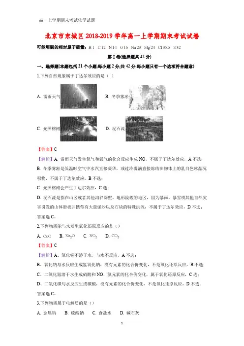 2018-2019学年北京市东城区高一上学期期末考试化学试卷(答案+解析)
