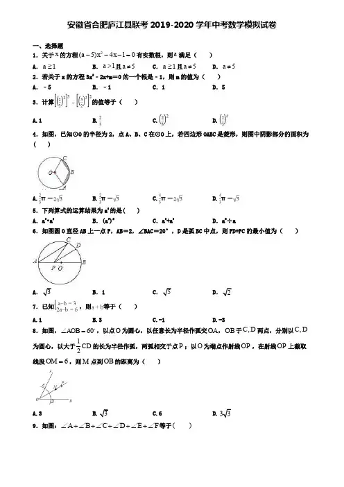 安徽省合肥庐江县联考2019-2020学年中考数学模拟试卷