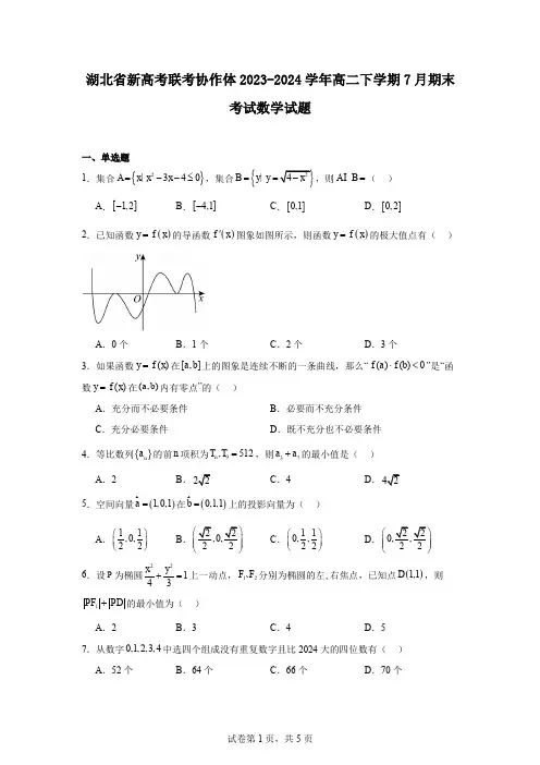 湖北省新高考联考协作体2023-2024学年高二下学期7月期末考试数学试题
