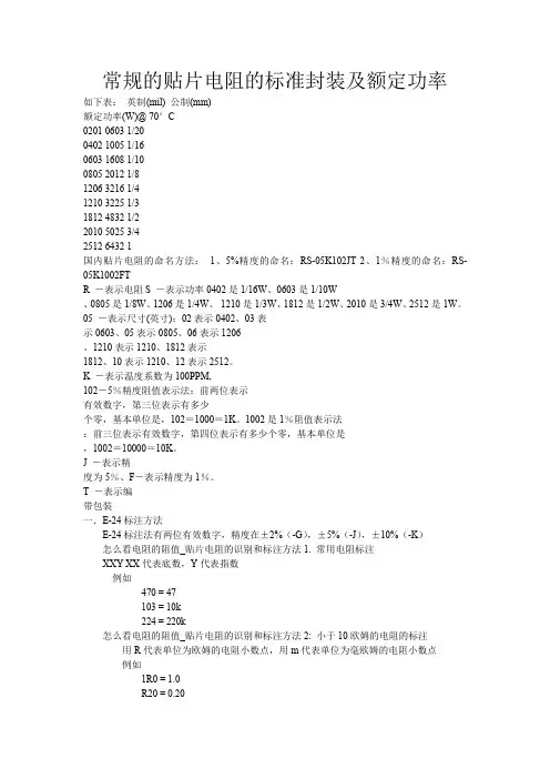 常规的贴片电阻的标准封装及额定功率