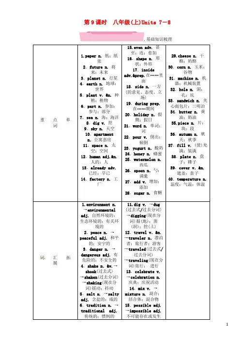 【名师测控】(浙江专版)2018年中考英语特训总复习第一部分教材知识梳理篇第9课时八上Units7-8