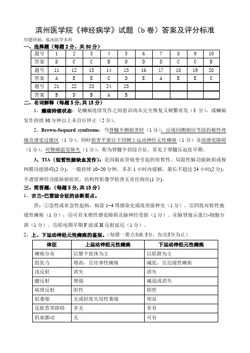 滨州医学院《神经病学》试题(B卷)答案