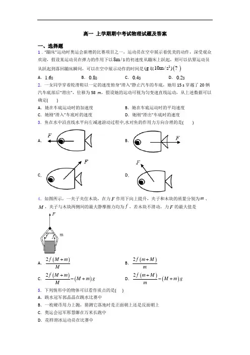 高一 上学期期中考试物理试题及答案