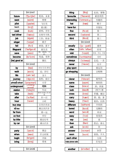 深圳小学五年级上册单词表(带音标)