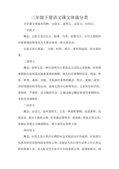 三年级下册语文课文体裁分类