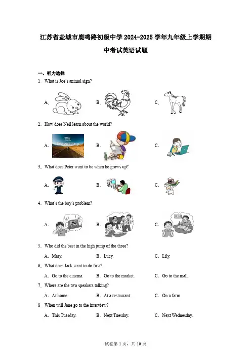 江苏省盐城市鹿鸣路初级中学2024-2025学年九年级上学期期中考试英语试题