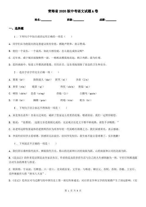 青海省2020版中考语文试题A卷