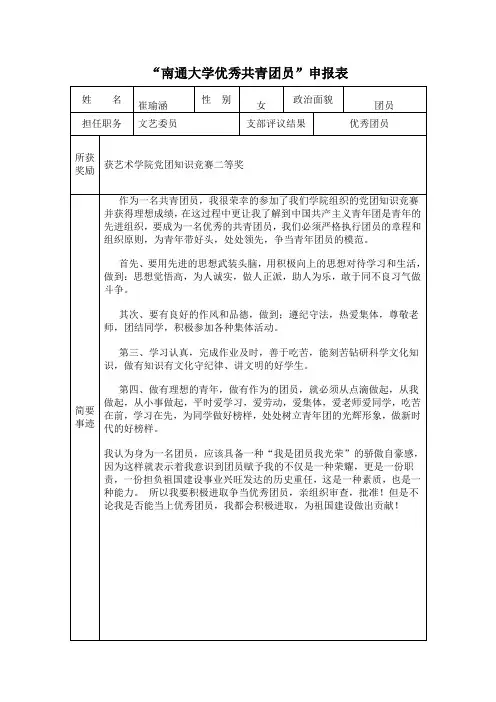 “南通大学优秀共青团员”申报表