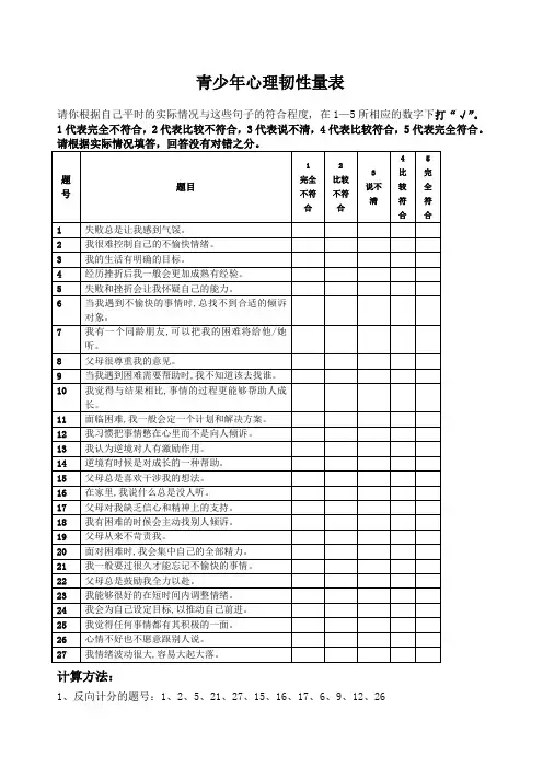 青少年心理弹性量表及计算