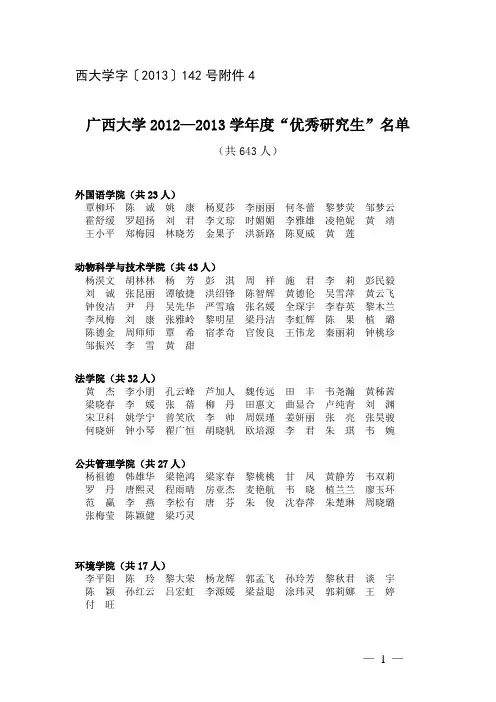 广西大学2012-2013学年优秀研究生名单