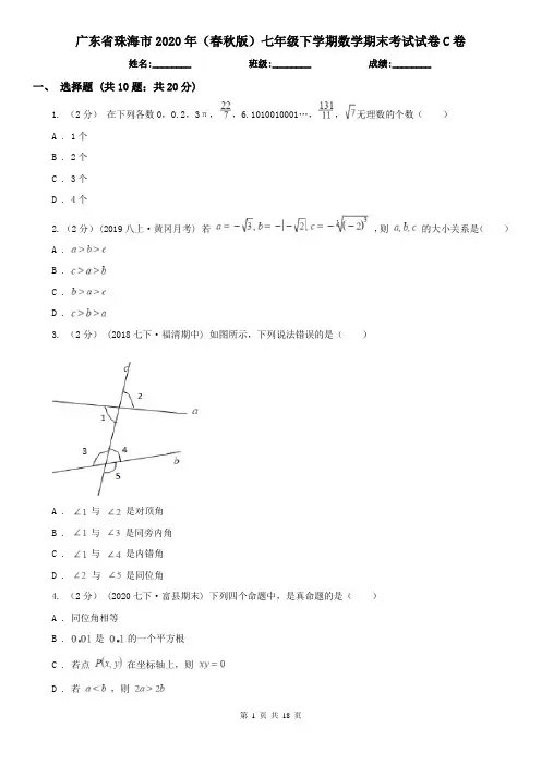 广东省珠海市2020年(春秋版)七年级下学期数学期末考试试卷C卷