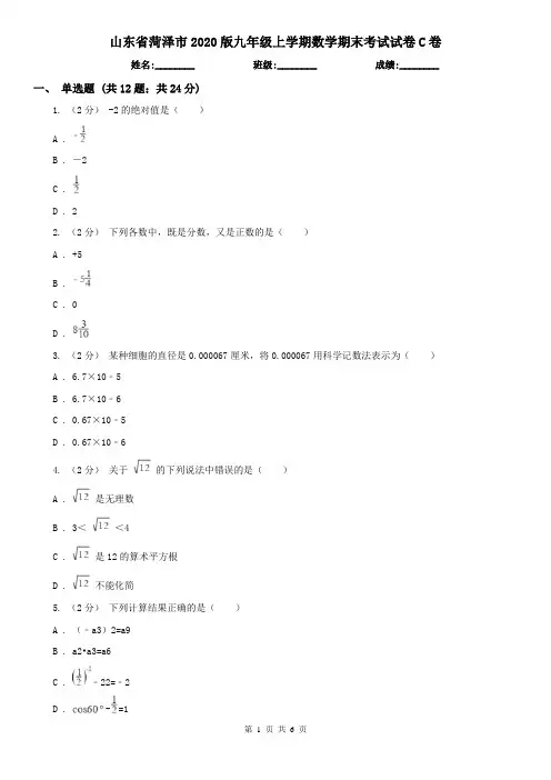 山东省菏泽市2020版九年级上学期数学期末考试试卷C卷