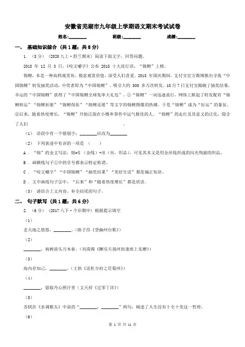 安徽省芜湖市九年级上学期语文期末考试试卷