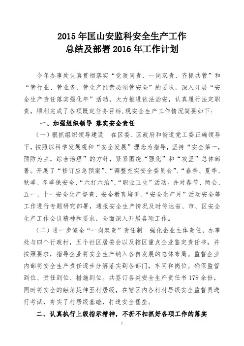 2015年某某办事处安全生产工作总结、计划