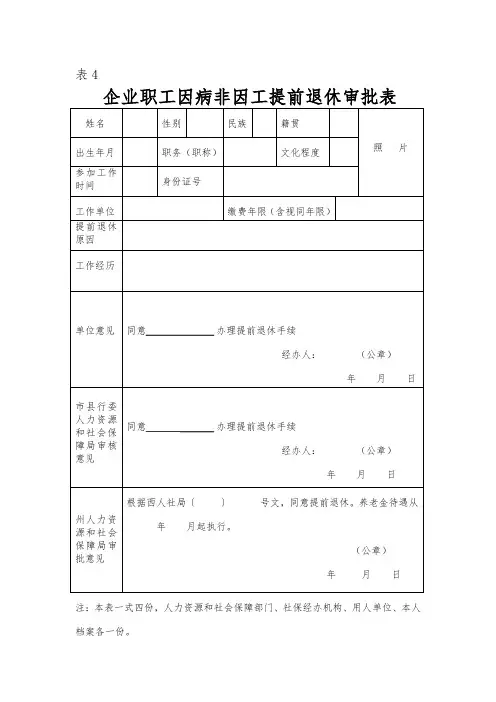 企业职工因病非因工提前退休审批表