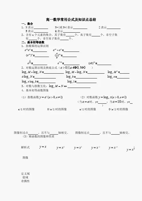 高一数学常用公式及知识点总结