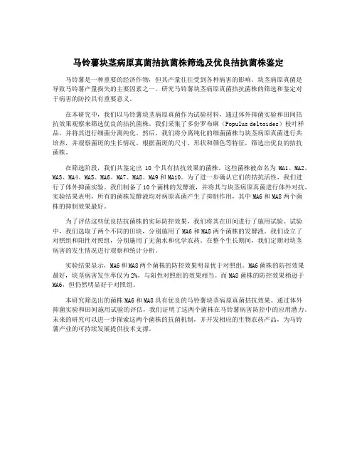 马铃薯块茎病原真菌拮抗菌株筛选及优良拮抗菌株鉴定