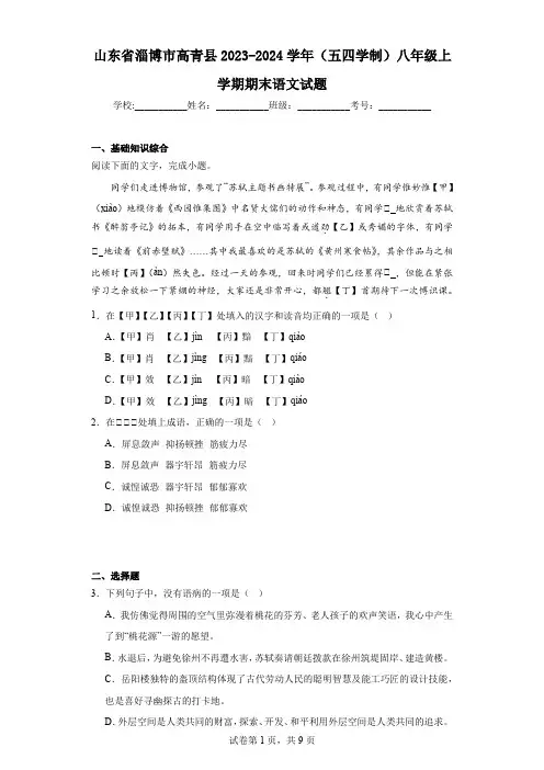 山东省淄博市高青县2023-2024学年(五四学制)八年级上学期期末语文试题