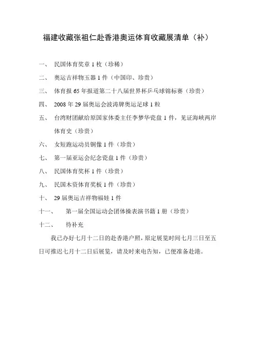 福建收藏张祖仁赴香港奥运体育收藏展清单