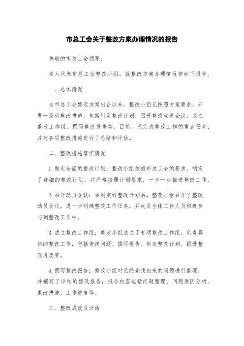 市总工会关于整改方案办理情况的报告